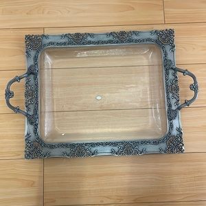 Tuscany brand 13x16 Silver platter tray with decorative handles, glass bottom